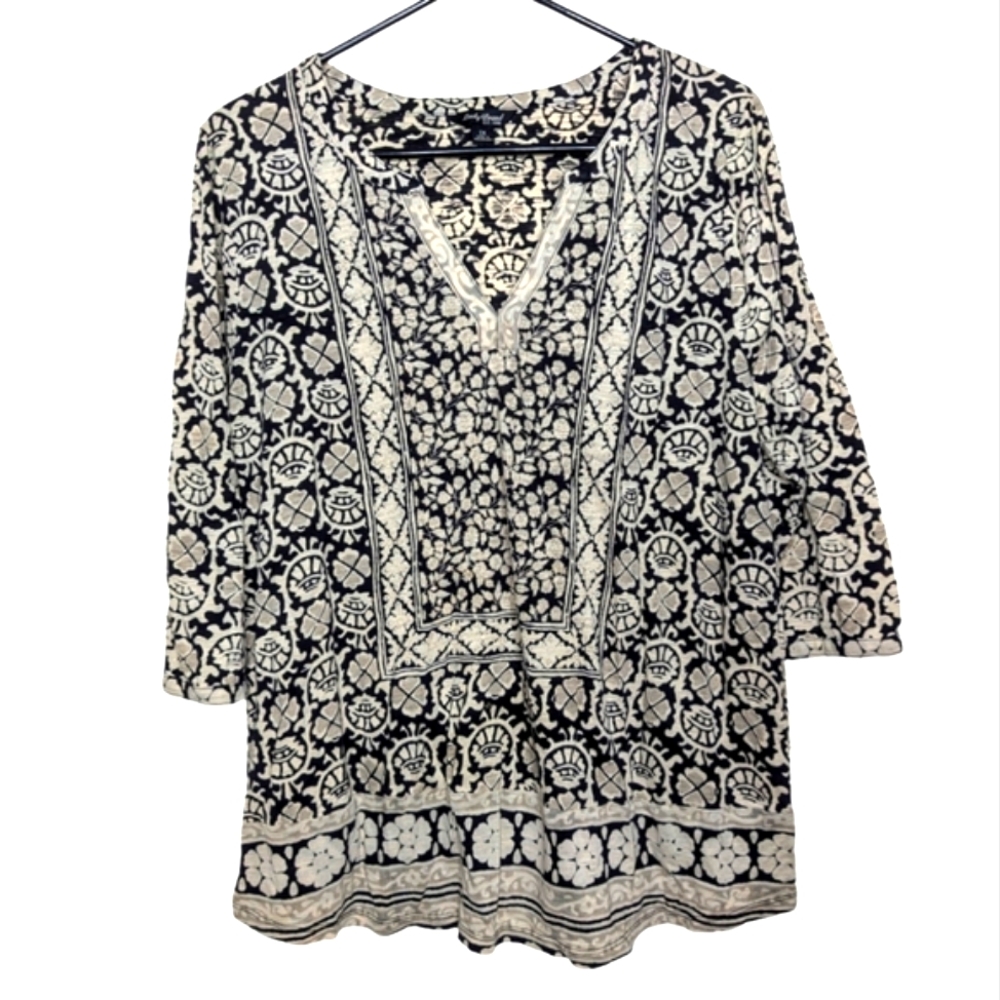 Lucky Brand Block Black Cream Floral Bohemian Peasant Quarter Sleeve Top Size 1X